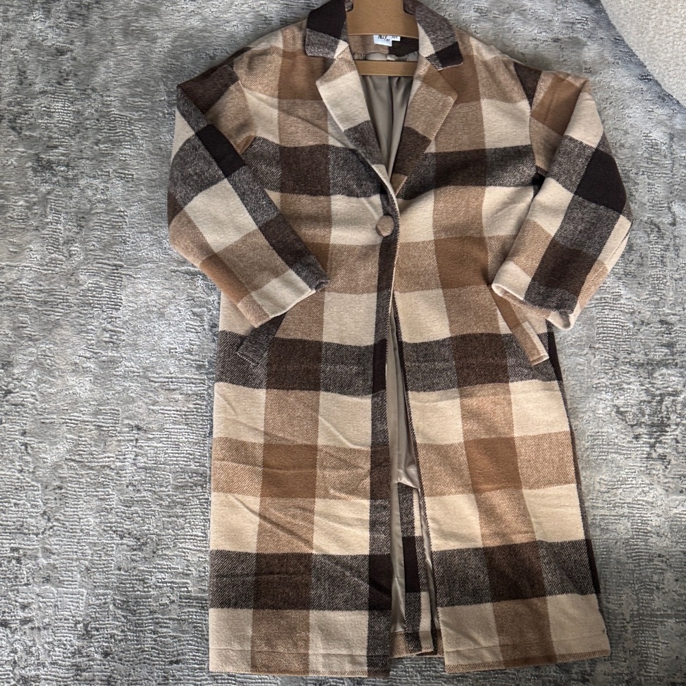 Princess Polly Checkered Brown and Cream Trench Coat